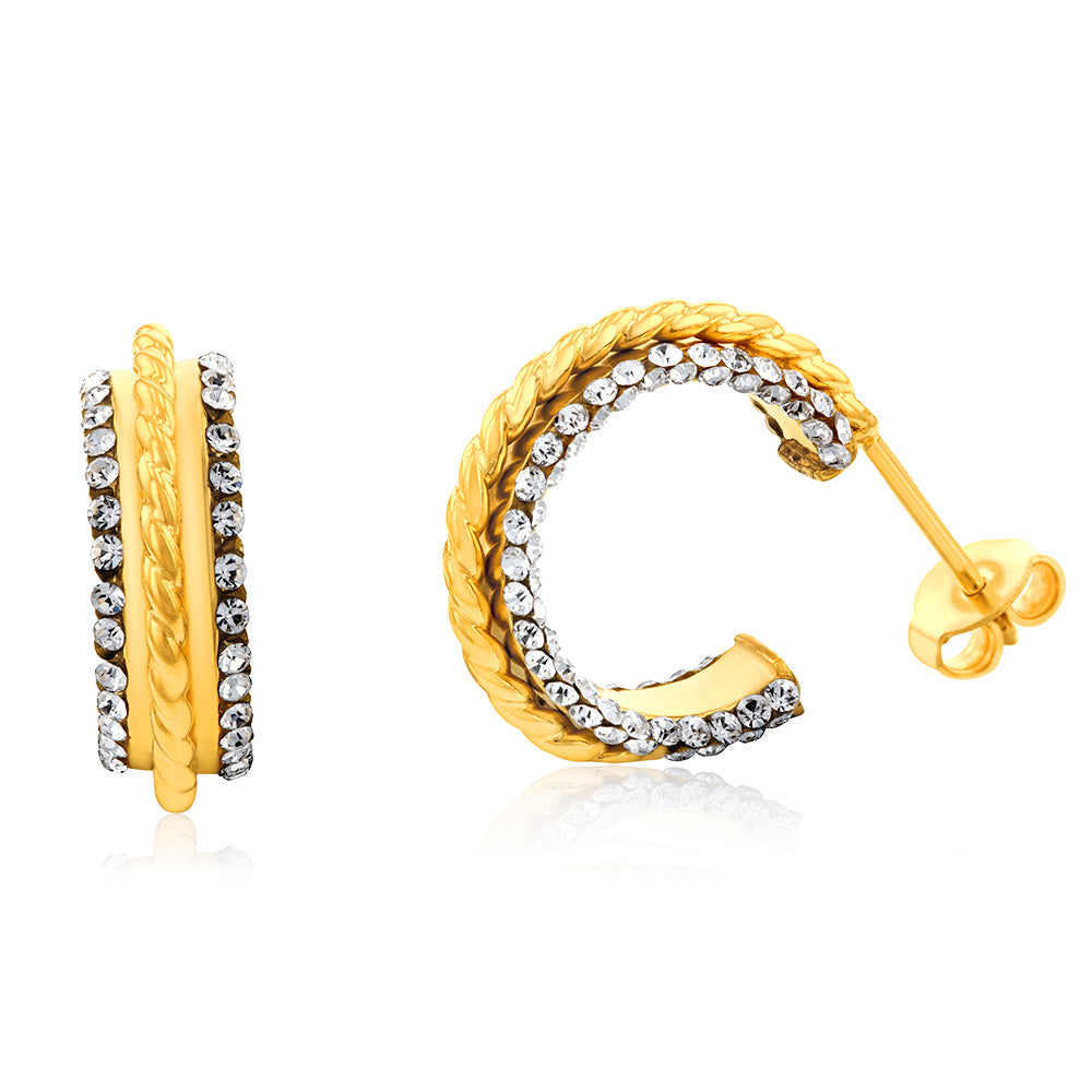 9ct Yellow Gold Silverfilled Crystals on Edges of Half Hoop Earrings