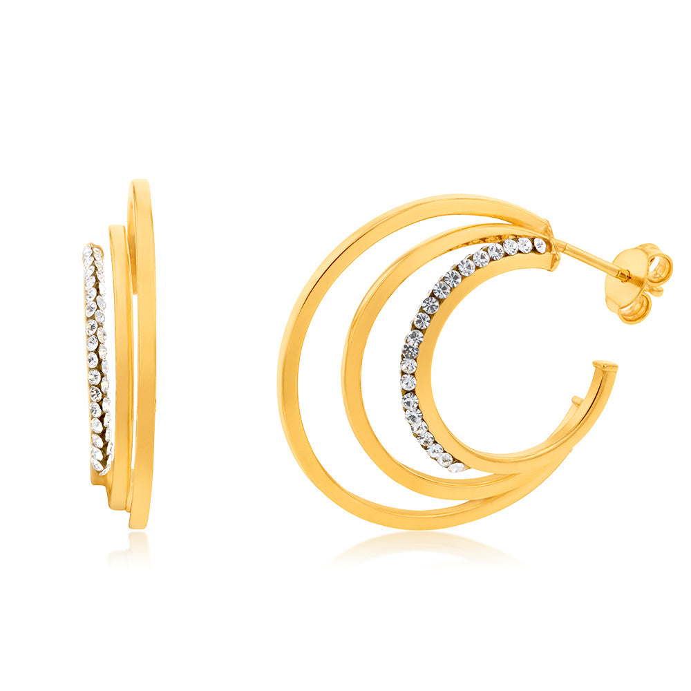 9ct Yellow Gold Silverfilled Tripple Hoop With Crystals Earrings