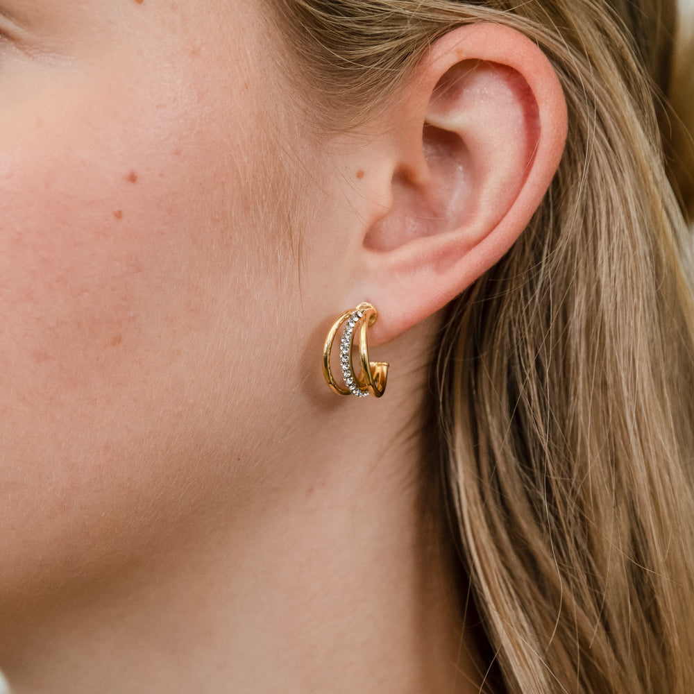 9ct Yellow Gold Silverfilled Triple Layer Crystal Half Hoop Earrings