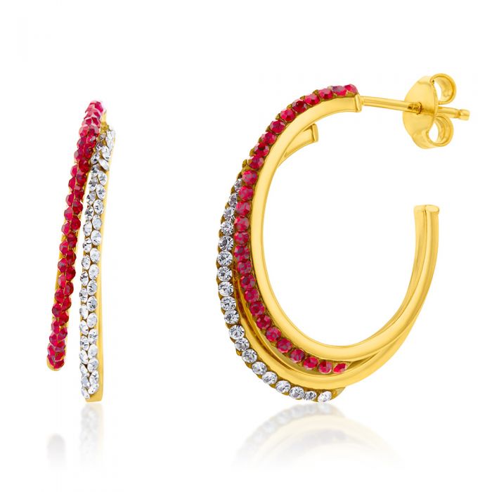 9ct Yellow Gold Silverfilled Crystal And Red Double Half Hoop Earrings