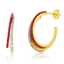 Load image into Gallery viewer, 9ct Yellow Gold Silverfilled Crystal And Red Double Half Hoop Earrings