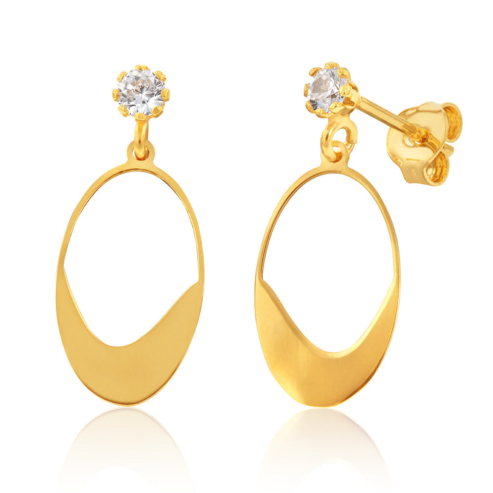 9ct Yellow gold Silverfilled Cubic Zirconia Flat Oval Drop Earrings