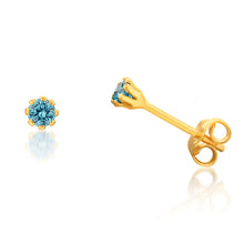 Load image into Gallery viewer, 9ct Yellow Gold Silverfilled Sea Blue 3.2mm Cubic Zirconia Stud Earrings