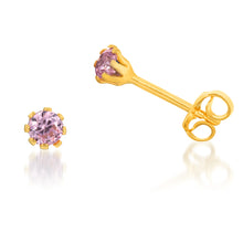 Load image into Gallery viewer, 9ct Yellow Gold Silverfilled Pink 3.2mm Cubic Zirconia Stud Earrings