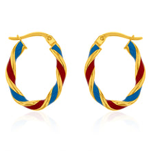 Load image into Gallery viewer, 9ct Yellow Gold Silverfilled 15mm Red And Blue Enamel On Twisted Hoop Earrings