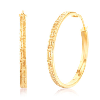 9ct Yellow Gold Silverfilled Greek Key Hoop Earrings
