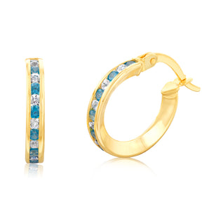 9ct Yellow Gold Silver Filled Blue Cubic Zirconia 10mm Hoop Earrings