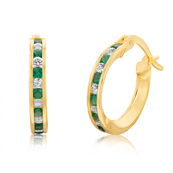 9ct Yellow Gold Silver Filled Green Cubic Zirconia 10mm Hoop Earrings
