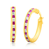 9ct Yellow Gold Silver Filled Red Cubic Zirconia 15mm Hoop Earrings