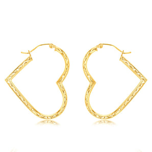 9ct Yellow Gold Silver Filled Diamond Cut Heart Hoop Earrings