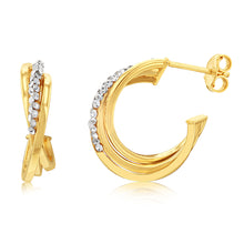 Load image into Gallery viewer, 9ct Yellow Gold Silverfilled Crystal Triple Hoop Earrings