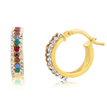 Load image into Gallery viewer, 9ct Yellow Gold Silverfilled Multicolour And White Crystals 10mm Broad Hoop Earrings
