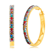 Load image into Gallery viewer, 9ct Yellow Gold Silverfilled Multicolour And White Crystal 30mm Broad Hoop Earrings