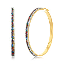 Load image into Gallery viewer, 9ct Yellow Gold Silverfilled Multicolour And White Crystal 50mm Broad Hoop Earrings