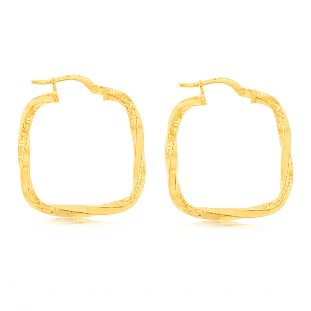 9ct Yellow Gold Silverfilled Fancy Greek Key Square Twisted Hoop Earrings