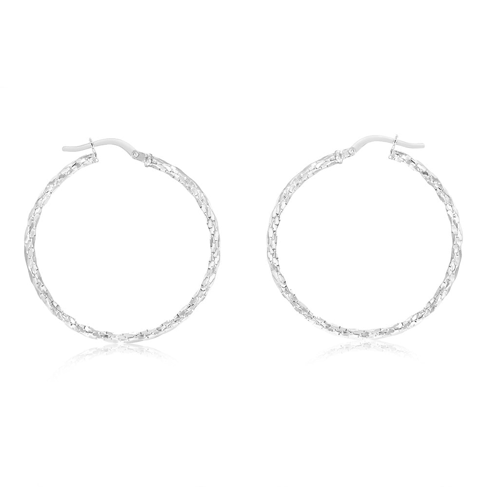 9ct White Gold Silverfilled Fancy Twisted 30mm Hoop Earrings