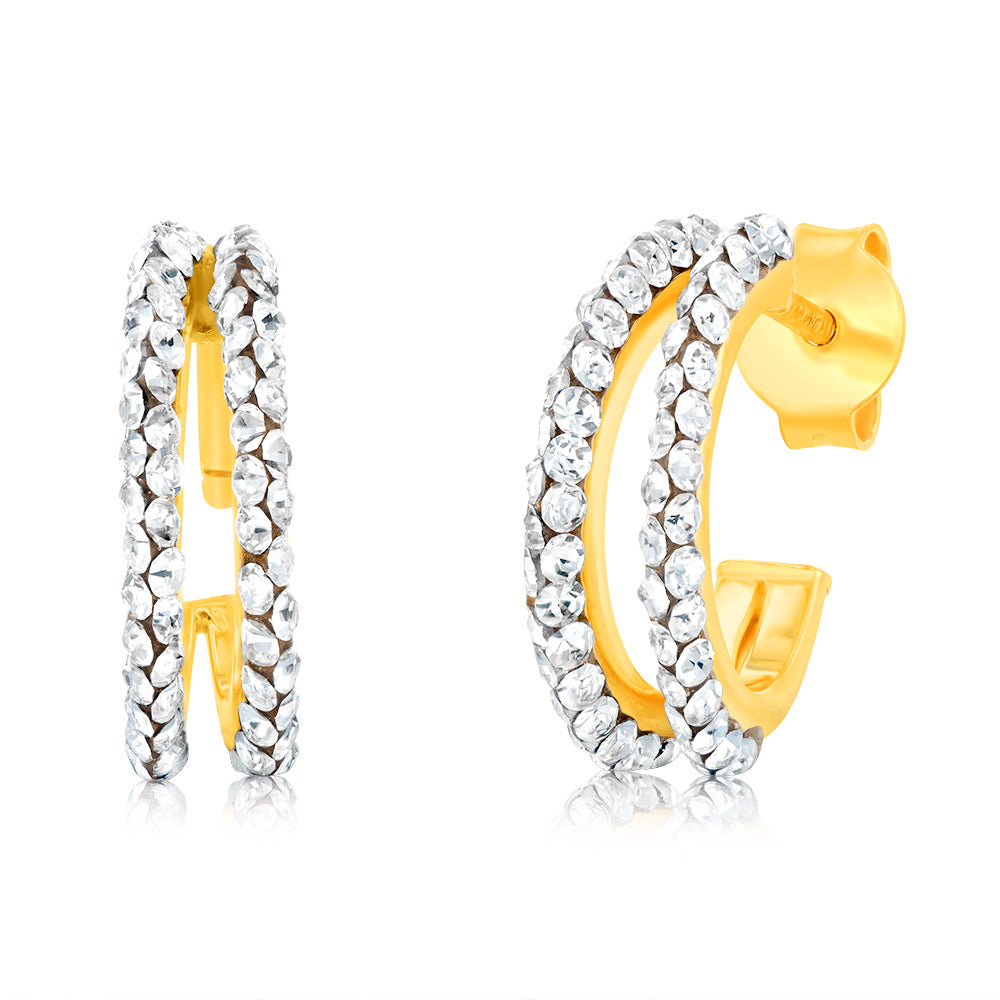 9ct Yellow Gold Silverfilled Double Row Crystal 3/4th Hoop Earrings