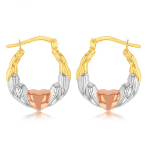 9ct Multitone Gold Silverfilled Heart Patterned Hoop Earrings