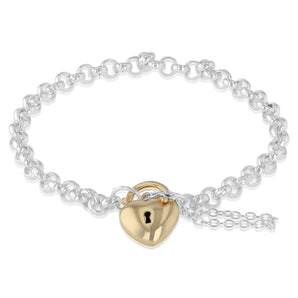 9ct Yellow Gold and Sterling Silver Heart Padlock 19cm Bracelet