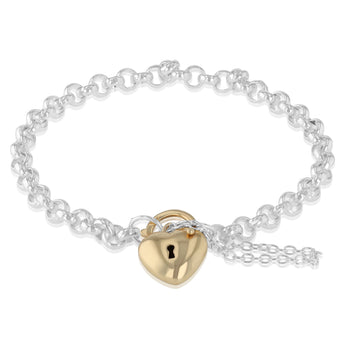 9ct Yellow Gold and Sterling Silver Heart Padlock 19cm Bracelet