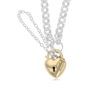 9ct Yellow Gold and Sterling Silver Heart Padlock 19cm Bracelet
