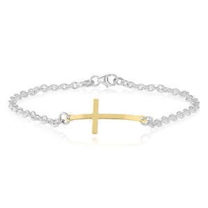 9ct Yellow Gold and Sterling Silver Cross 19cm Bracelet