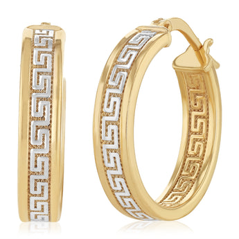 9ct Two Tone Gold Silverfilled Greek Key Hoop Earrings