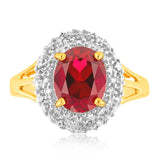 9ct Yellow Gold 8x10mm Created Ruby + Diamond Halo Ring