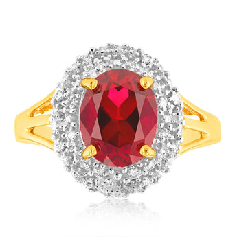 9ct Yellow Gold 8x10mm Created Ruby + Diamond Halo Ring
