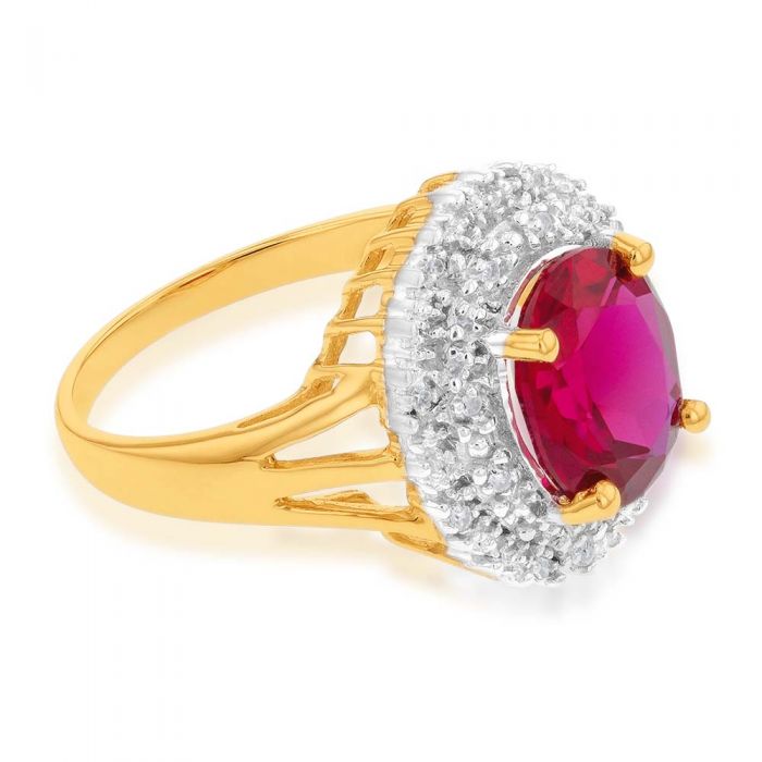 9ct Yellow Gold 8x10mm Created Ruby + Diamond Halo Ring