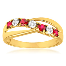 Load image into Gallery viewer, 9ct Yellow Gold Created Ruby x 4 and Diamond x 4 Ring