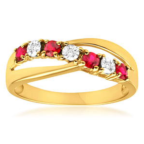 9ct Yellow Gold 4 Created Ruby and 3 Diamond Ring