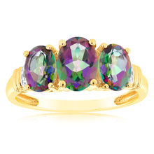 Load image into Gallery viewer, 9ct Yellow Gold Oval Enhanced Mystic Topaz and Diamond Trilogy Ring