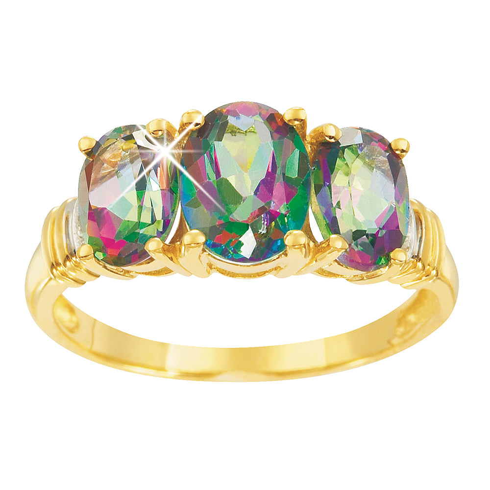 9ct Yellow Gold Oval Enhanced Mystic Topaz and Diamond Trilogy Ring