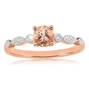 9ct Rose Gold Round Cut 0.45ct Morganite and Diamond Ring