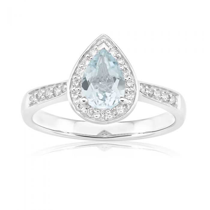 9ct White Gold Pear Cut 0.65ct Aquamarine 0.20 Carat Diamond Ring