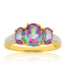 Load image into Gallery viewer, 9ct Yellow Gold Enhanced Mystic Topaz Oval Cut &amp; Diamond Trilogy Ring