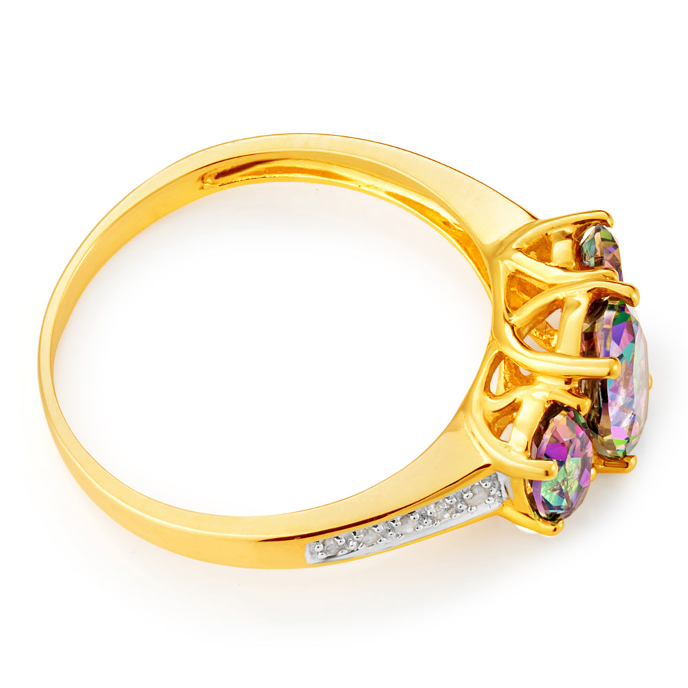 9ct Yellow Gold Enhanced Mystic Topaz Oval Cut & Diamond Trilogy Ring