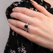 Load image into Gallery viewer, 18ct White Gold Natural Black Sapphire 3.00ct Emerald Cut Ring with 0.50ct Diamonds
