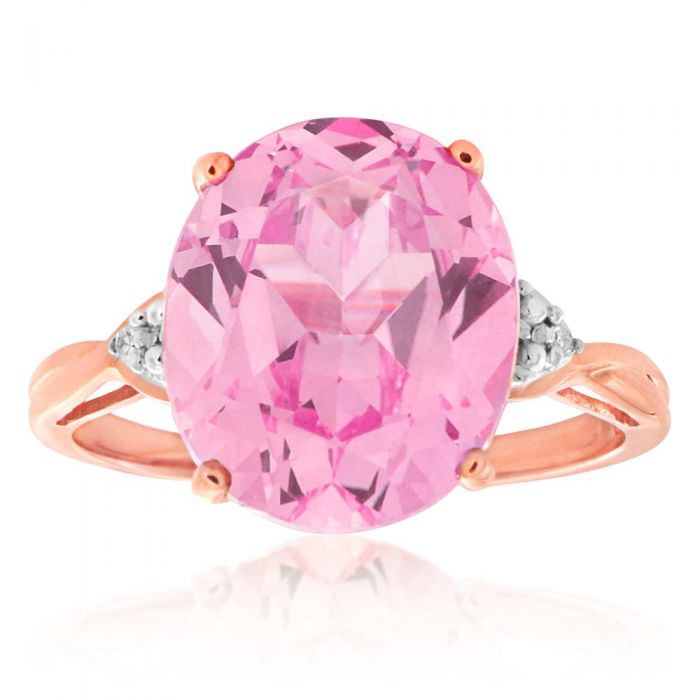 9ct Rose Gold Created Peach Sapphire & Diamond Oval Ring
