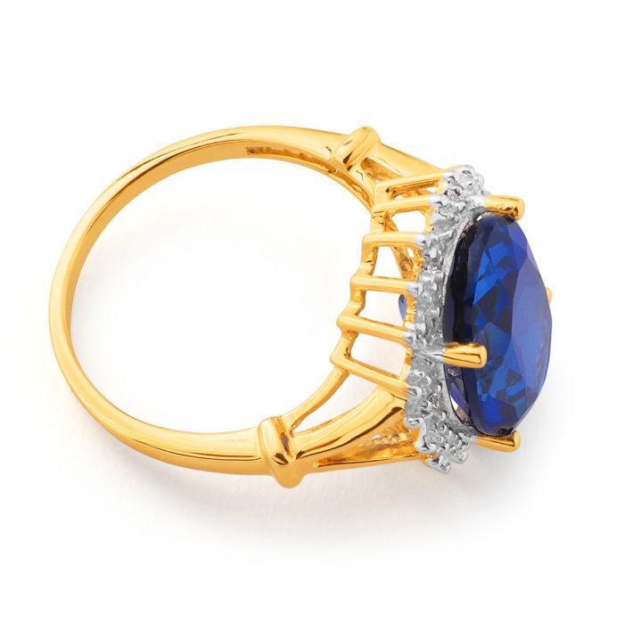 9ct Yellow Gold Created Sapphire & Diamond Ring