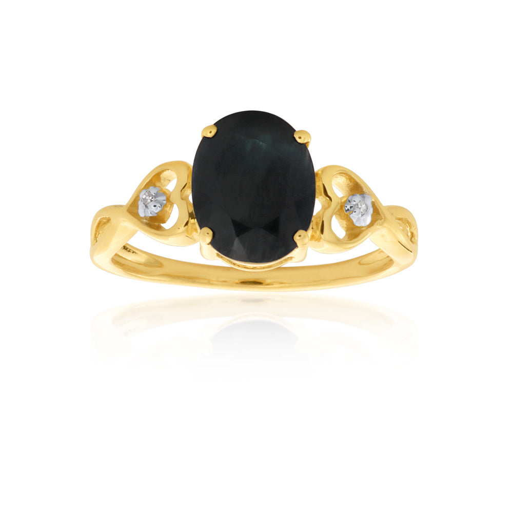 9ct Yellow Gold Natural Black Sapphire & Diamond Ring