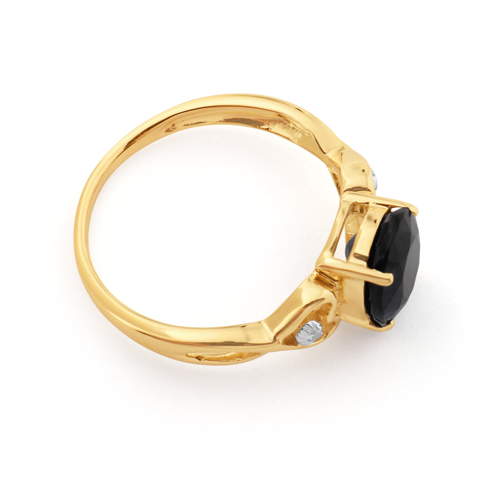 9ct Yellow Gold Natural Black Sapphire & Diamond Ring