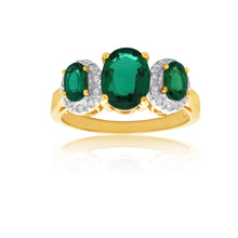 Load image into Gallery viewer, 9ct Yellow Gold Created Emerald &amp; Diamond Trilogy Ring