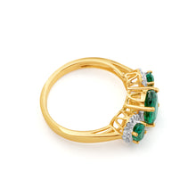 Load image into Gallery viewer, 9ct Yellow Gold Created Emerald &amp; Diamond Trilogy Ring