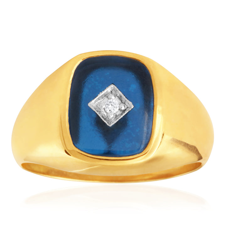 9ct Yellow Gold Created Blue Spinel & Diamond Gents Ring  (No Resize)