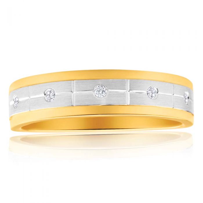9ct Yellow Gold & White Gold Mens Ring With 0.05 Carats Of Diamonds