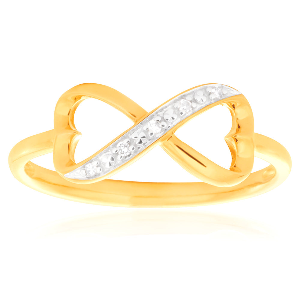 9ct Yellow Gold Infinity Double Heart Diamond Ring Set With 5 Brilliant Cut Diamonds