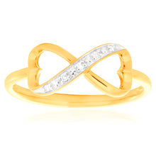 Load image into Gallery viewer, 9ct Yellow Gold Infinity Double Heart Diamond Ring Set With 5 Brilliant Cut Diamonds