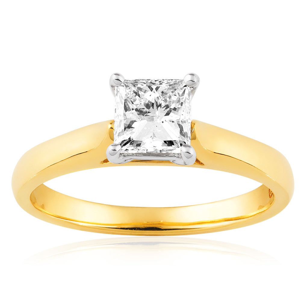 18ct Yellow Gold & White Gold Solitaire Ring With 1 Carat Princess Diamond